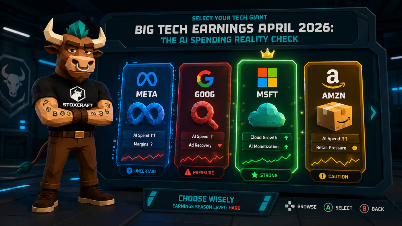 3D scene of a Stoxcraft bull mascot in front of a character selection screen showing META, GOOG, MSFT and AMZN cards with AI spending and growth data