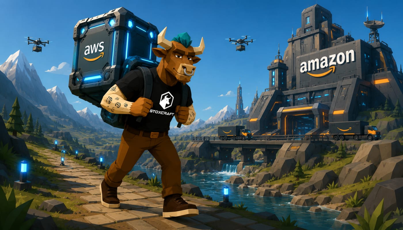 Low-poly bull character carries a glowing AWS energy container through a bright futuristic landscape toward a massive Amazon logistics facility while delivery drones fly overhead, illustrating how AWS powers Amazon’s business growth and retail stability