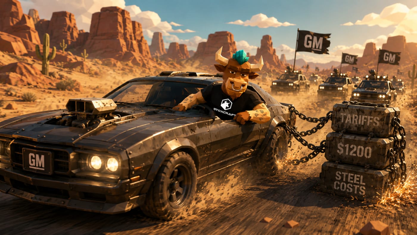 Low-poly bull character leans out of a futuristic GM muscle car racing through a bright desert canyon while dragging chained metal blocks labeled with tariff and steel costs, illustrating how General Motors delivered strong earnings despite rising vehicle