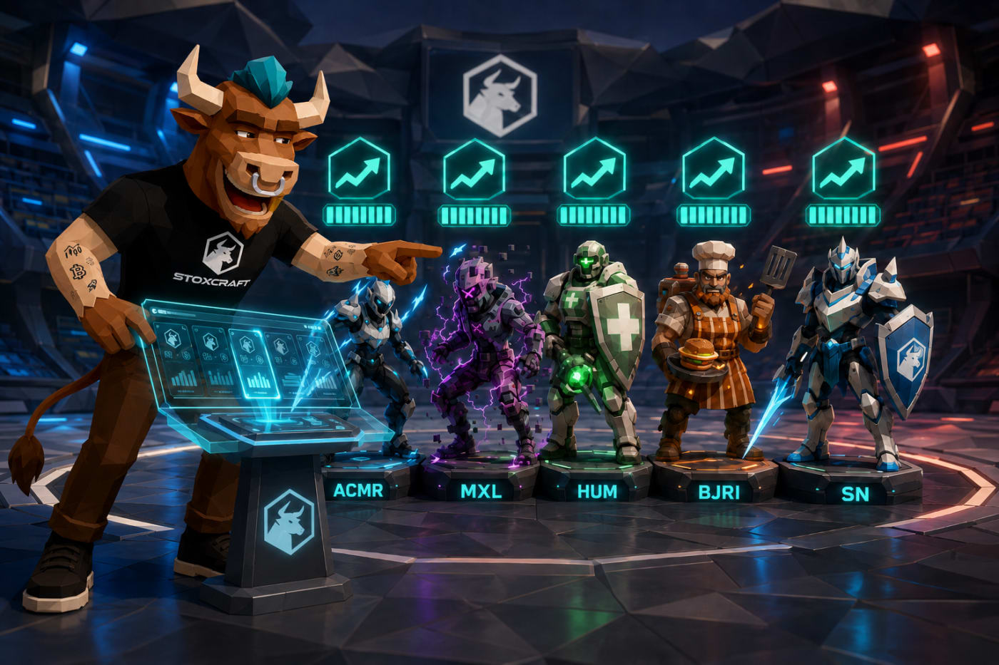 Toroshi presents five stock fighters labeled ACMR, MXL, HUM, BJRI, and SN in a futuristic low-poly arena.
