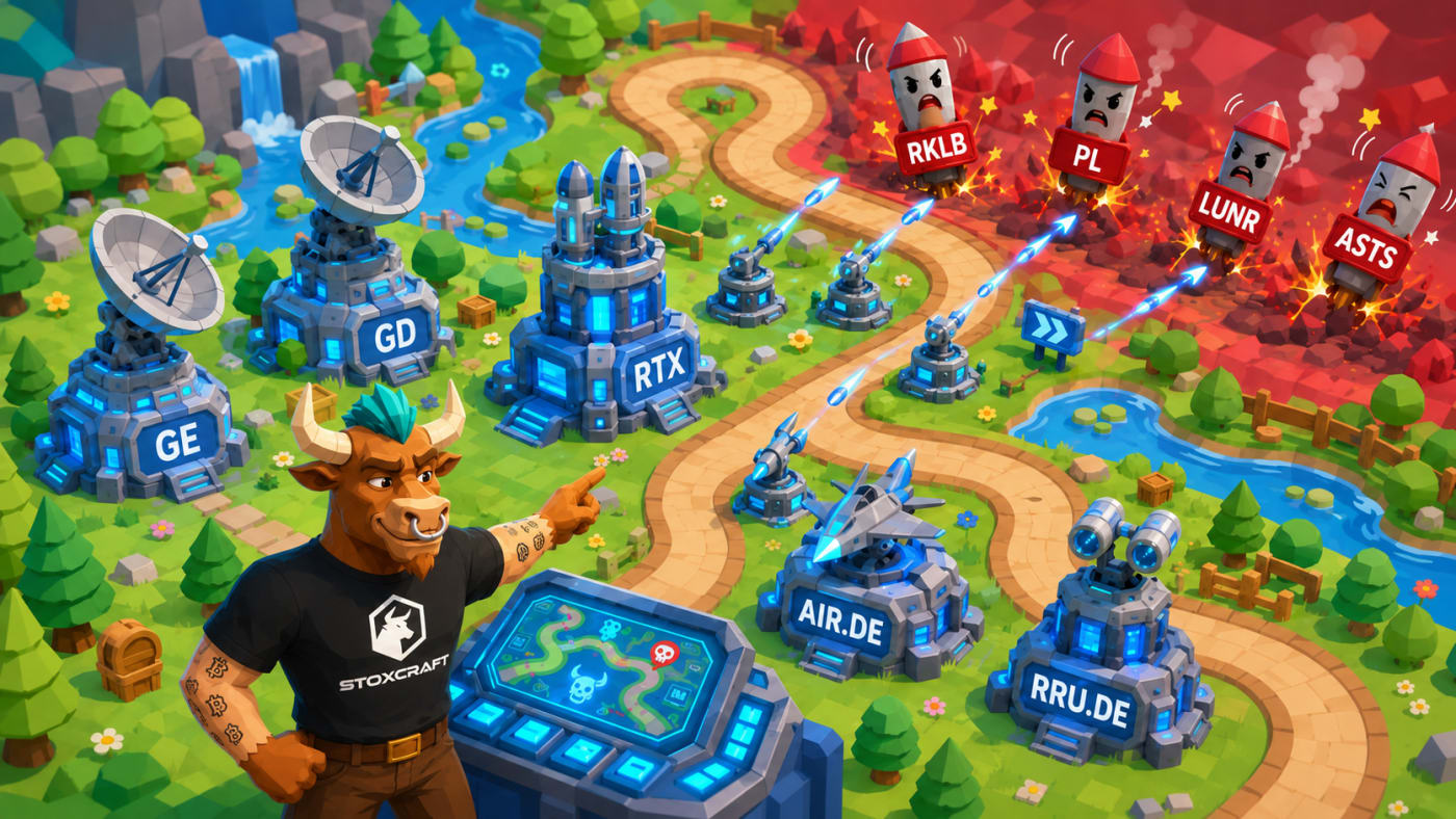 Toroshi, the Stoxcraft mascot, flying over a stock chart battlefield, illustrating the GE, Rolls-Royce and Rocket Lab aerospace score report