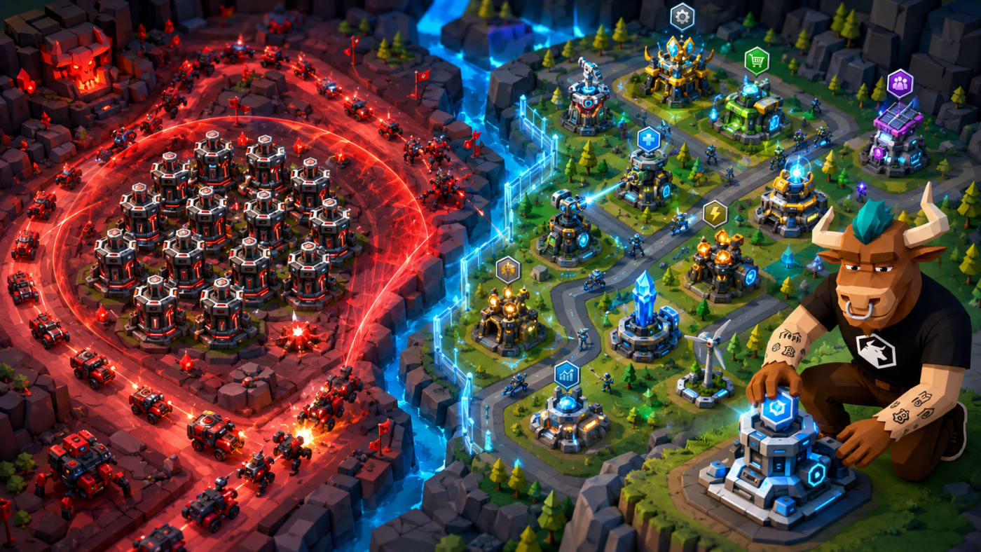 Toroshi places a new defense tower on a Clash-inspired map, showing balanced diversification across paths while one crowded tower cluster faces a red attack wave.