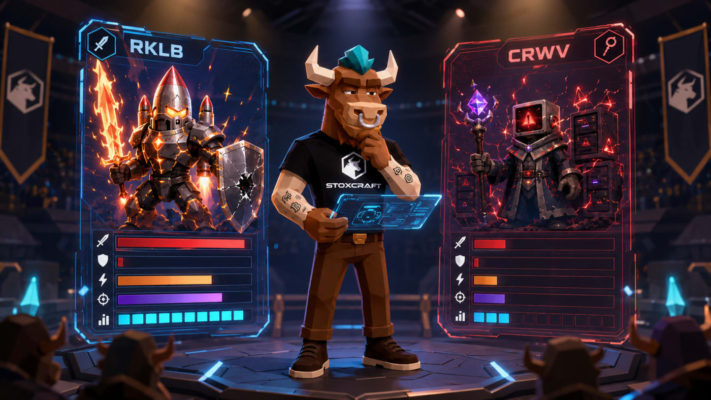 Toroshi scans two RPG-style score cards, with RKLB shown as a glass cannon rocket build and CRWV as a weakened data-center mage with thin stats across the board.