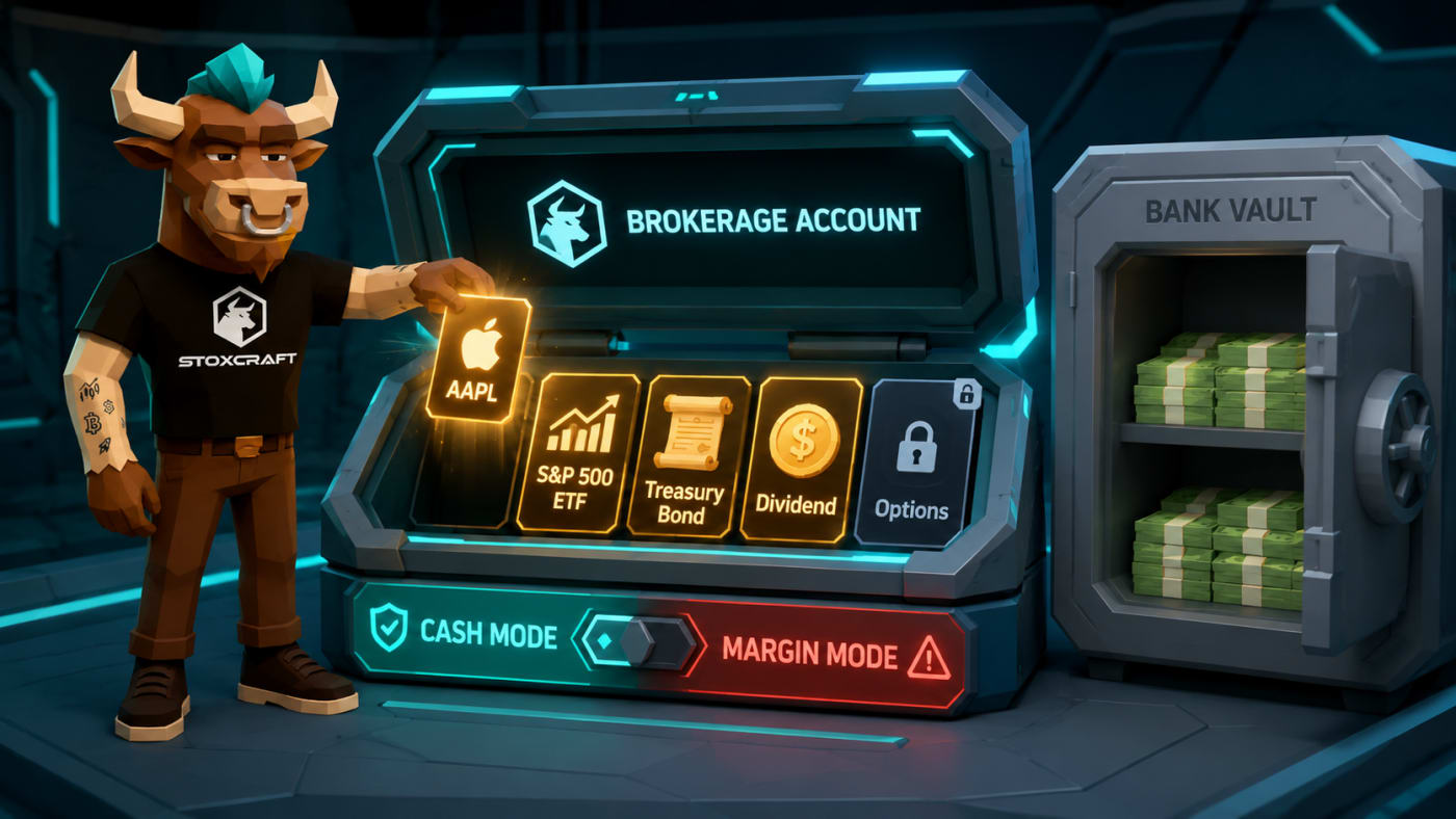 Low-poly Toroshi uses a futuristic brokerage account interface to place an Apple stock chip into an investment inventory with ETF, Treasury bond, dividend and options slots, while a bank vault holds only cash.