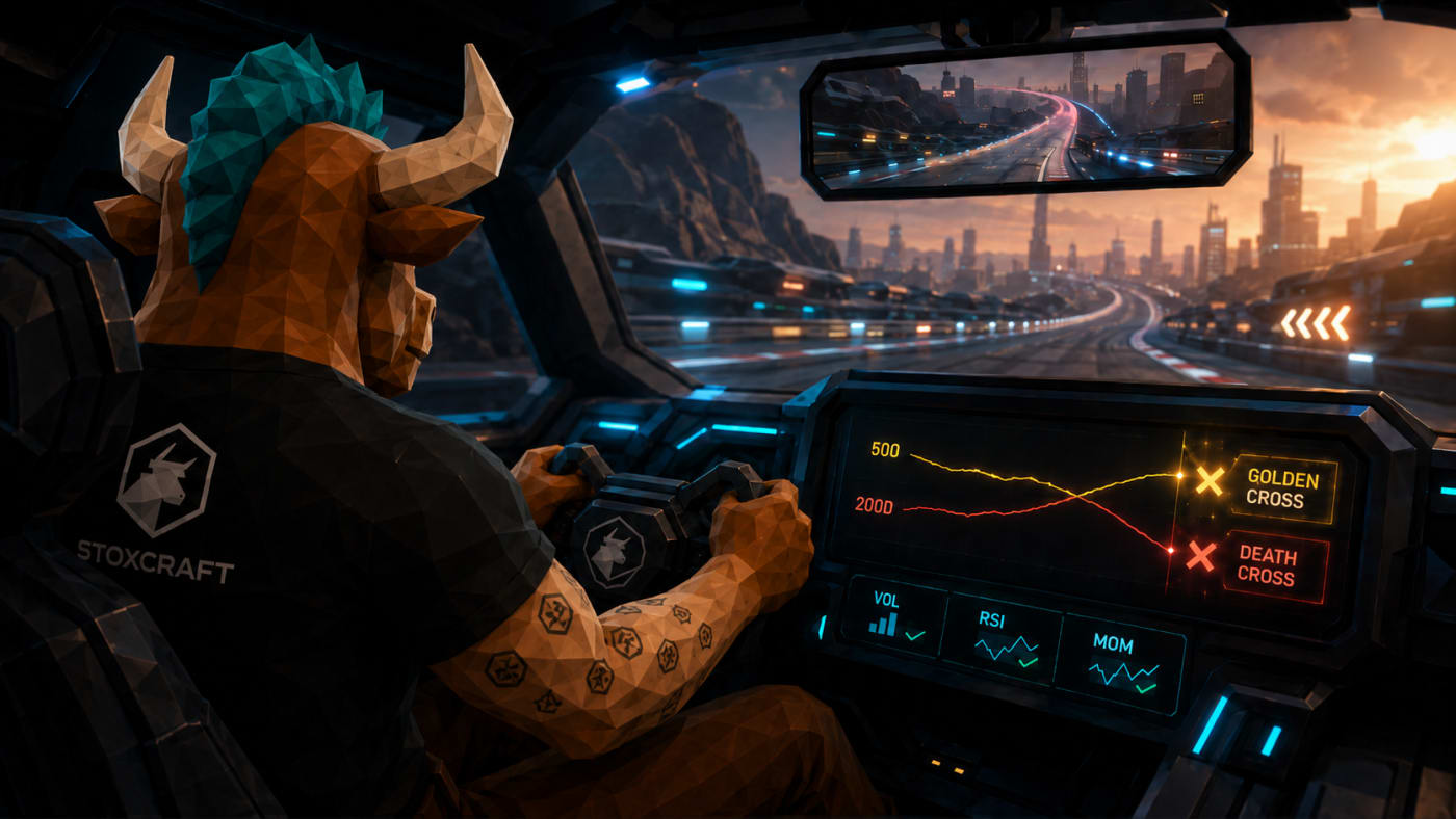 Toroshi drives toward the market while a dashboard shows golden cross and death cross signals from the 50-day and 200-day moving averages.