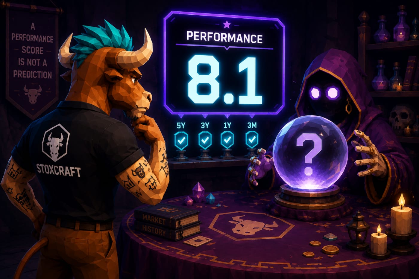 Low-poly Toroshi examines an 8.1 Stoxcraft Performance Score beside an uncertain crystal ball, showing that stock performance measures past results, not future returns.