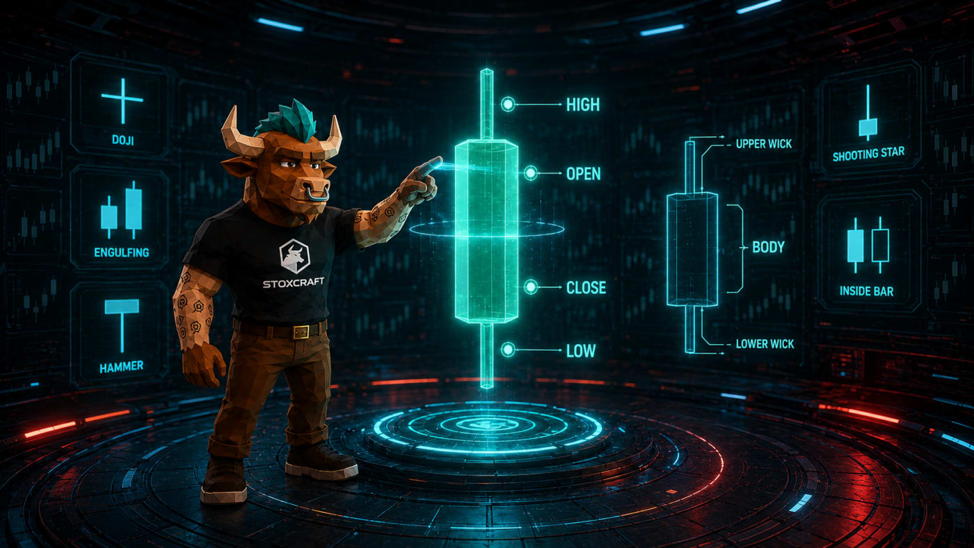 Toroshi uses a futuristic scanner to break down a candlestick into its open, high, low, close, body, and wicks while five key patterns remain highlighted.