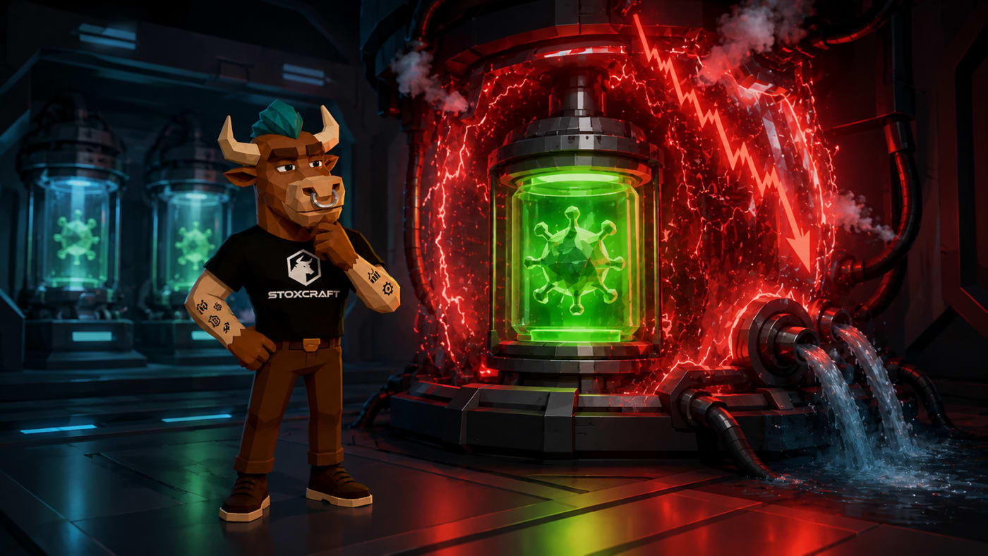 Toroshi watches a stable green Moderna cancer-vaccine science core inside an overheating red market chamber, showing a real biotech breakthrough amid extreme stock-price volatility.