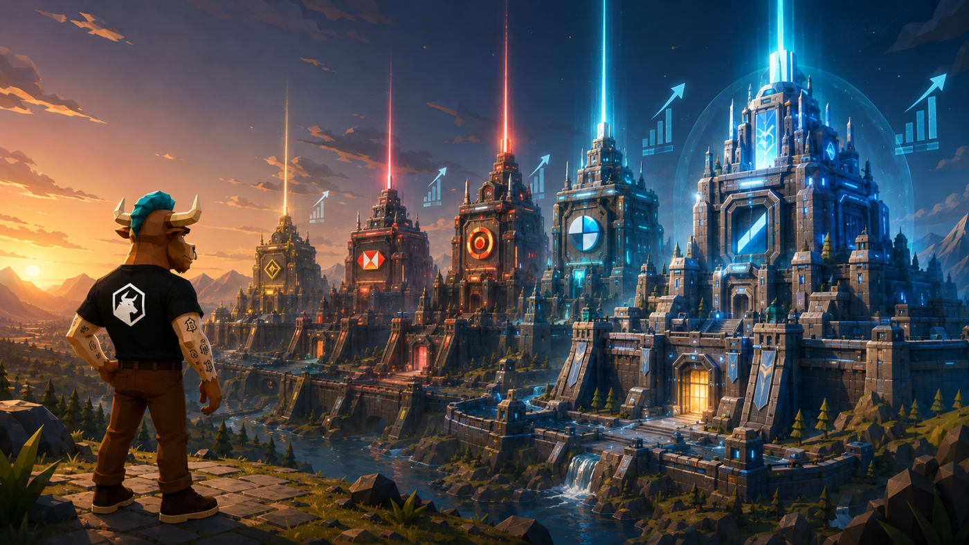 Toroshi stands before five glowing bank fortresses representing BBVA, Santander, HSBC, MUFG, and SMFG, with thicker walls showing lower risk and bright beacons showing stronger performance.