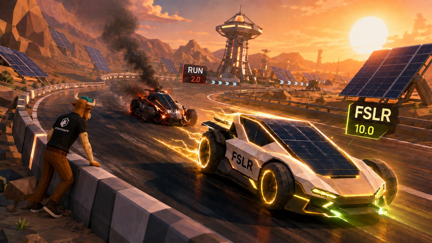 Low-poly Toroshi watches FSLR race ahead of a damaged RUN car on a solar-powered track, illustrating First Solar’s 10.0 Health Score versus Sunrun’s 2.0 and the sharp gap in financial strength.