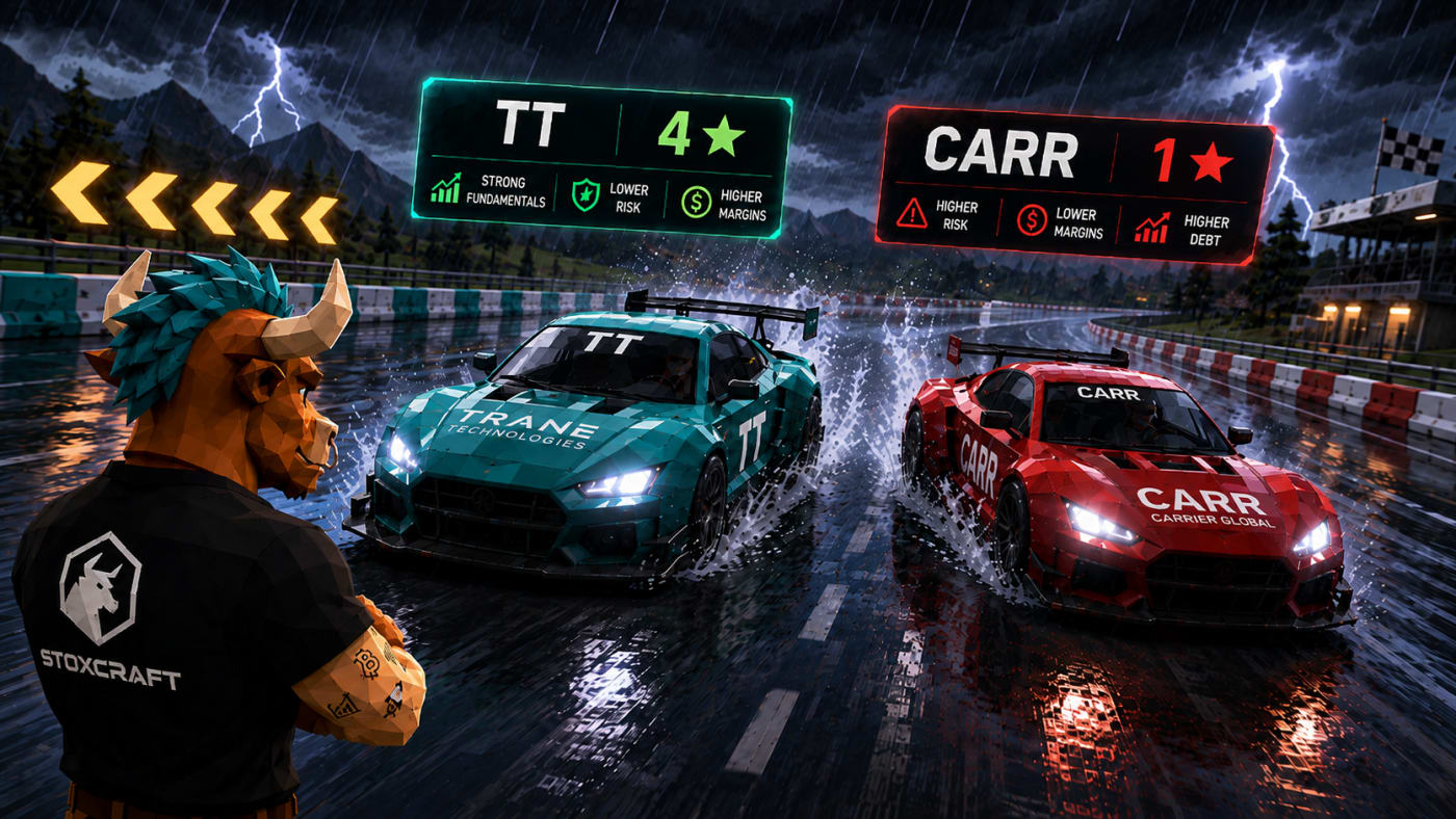 Low-poly race cars represent Trane Technologies (TT) and Carrier Global (CARR) in the same storm, highlighting Trane’s stronger fundamentals, lower risk and higher margins.