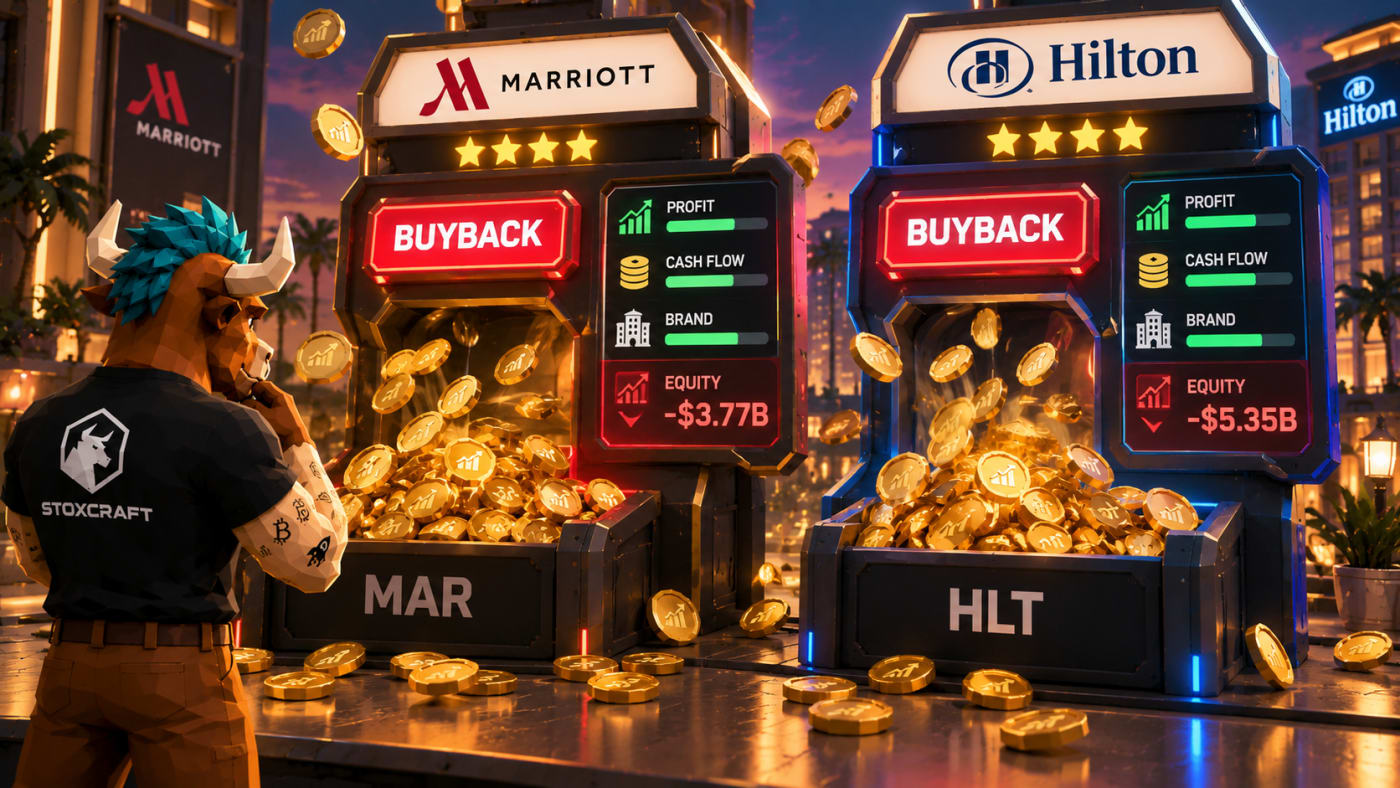 Low-poly buyback machines for Marriott and Hilton show negative equity of $3.77B and $5.35B, illustrating how aggressive share repurchases can push equity below zero without breaking the underlying business.