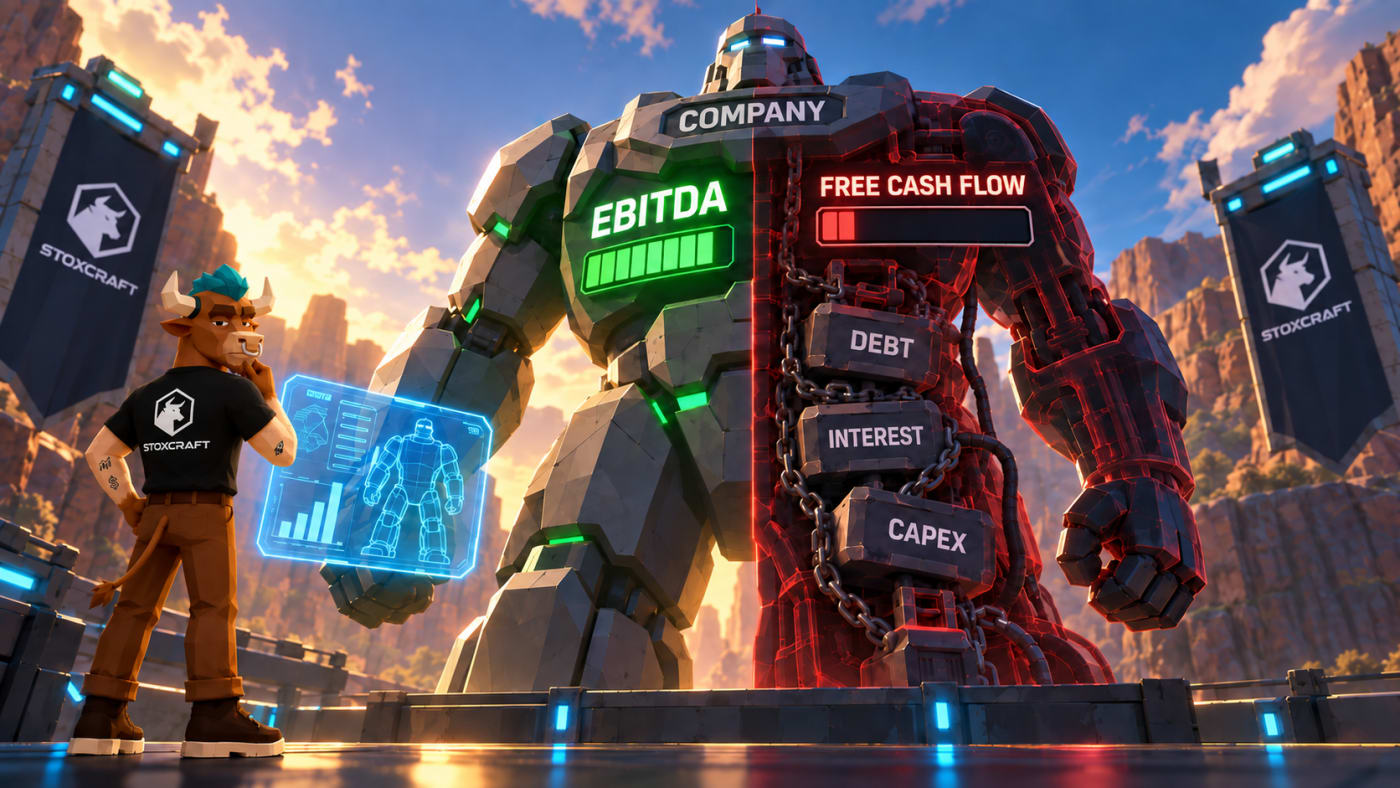 Toroshi inspects a low-poly company mech showing strong EBITDA but weak free cash flow, exposing hidden debt, interest and capex risks.