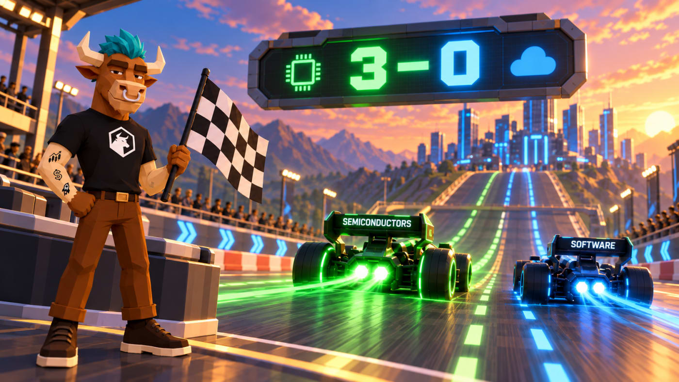 Toroshi watches semiconductors outrun software infrastructure 3–0, illustrating stronger cash, asset efficiency and margins led by Nvidia and TSM versus Microsoft and Qualys.