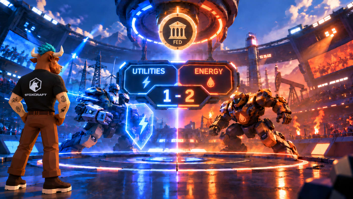Toroshi watches Energy defeat Utilities 2–1 in a low-poly arena, visualizing Exxon Mobil, NextEra Energy and the Fed rate-decision matchup.