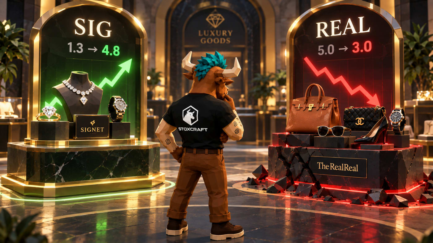 Low-poly Toroshi compares SIG and REAL in a luxury showroom, illustrating Signet Jewelers’ rising Performance Score versus The RealReal’s decline.