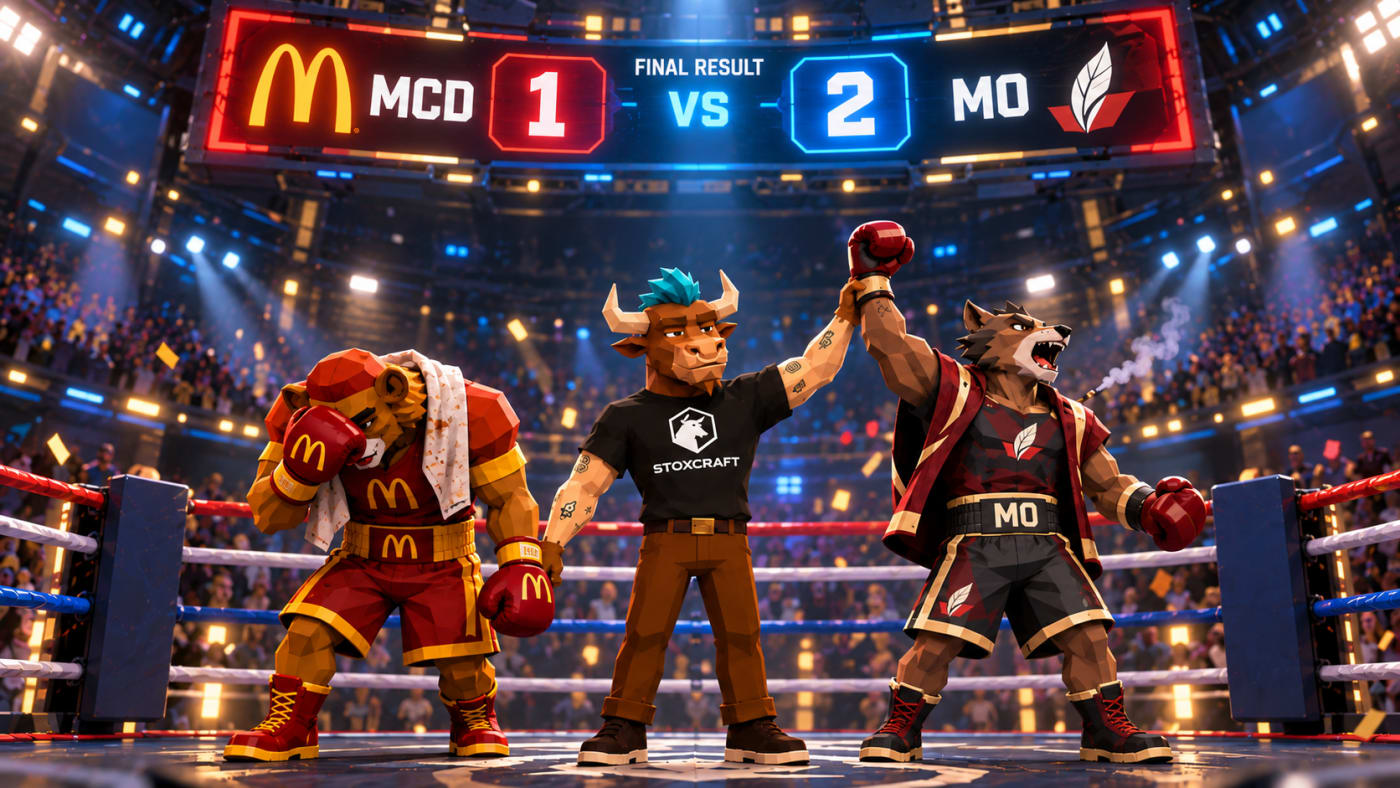 Low-poly boxing scene shows McDonald’s losing 2–1 to Altria, highlighting Altria’s stronger dividend and stock performance.
