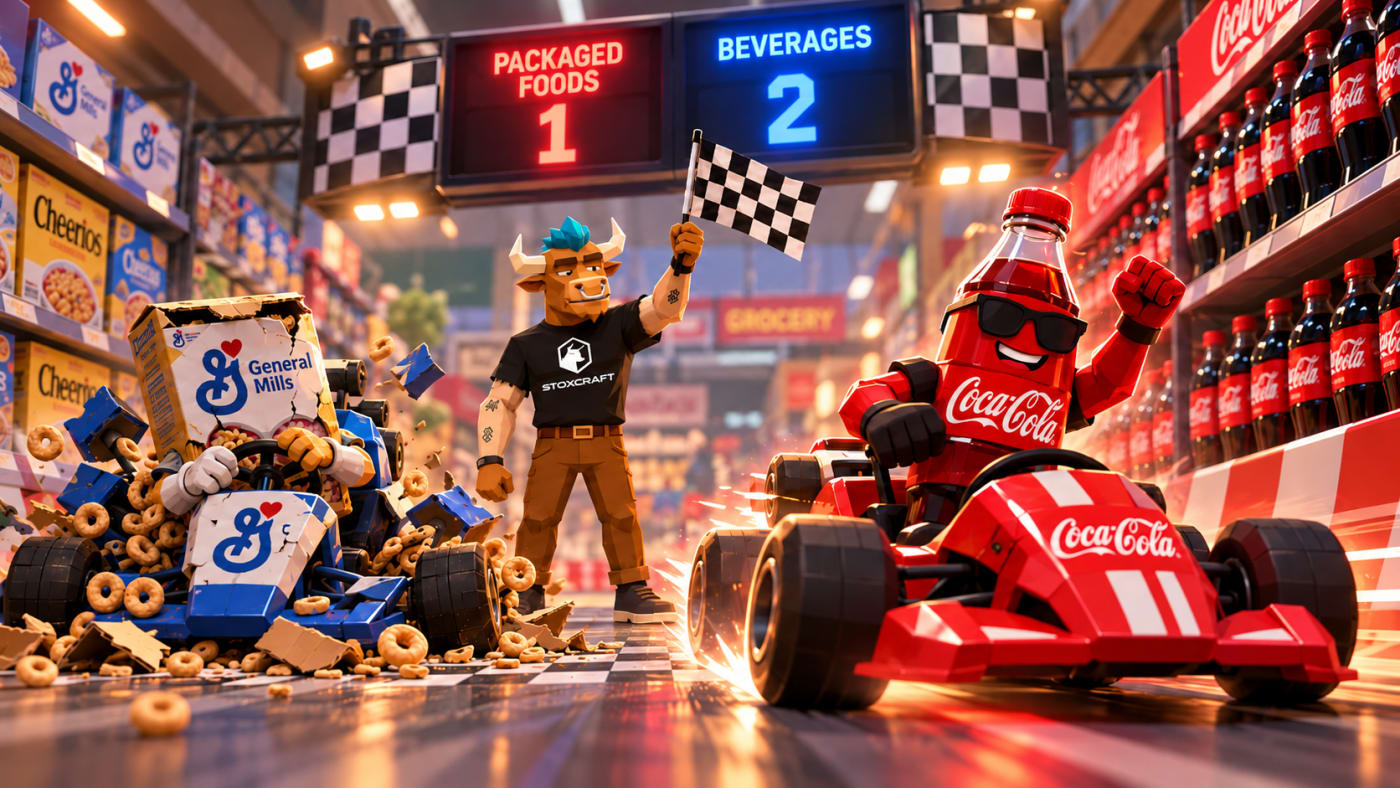 Low-poly kart race shows Coca-Cola pulling ahead of General Mills, visualizing stronger beverage-sector health and stock performance.
