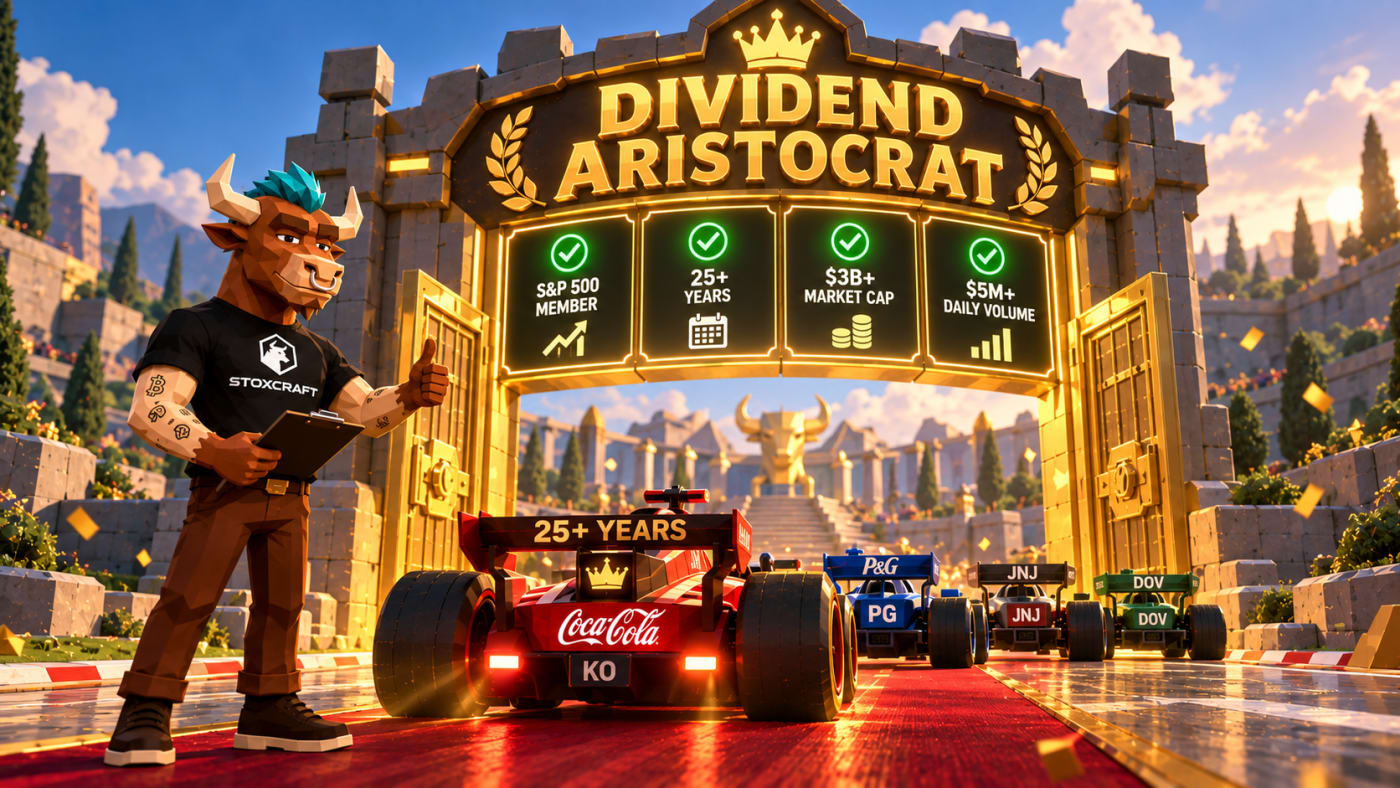 Low-poly Stoxcraft scene with Coca-Cola, P&amp;amp;G, Johnson &amp;amp; Johnson and Dover race cars entering a Dividend Aristocrat gate, illustrating 25+ years of dividend growth and long-term resilience.