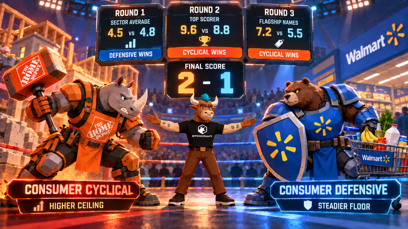 Low-poly Stoxcraft battle scene comparing Consumer Cyclical and Consumer Defensive, with Home Depot and Walmart represented as opposing fighters while Toroshi referees a 2–1 Health Score matchup.