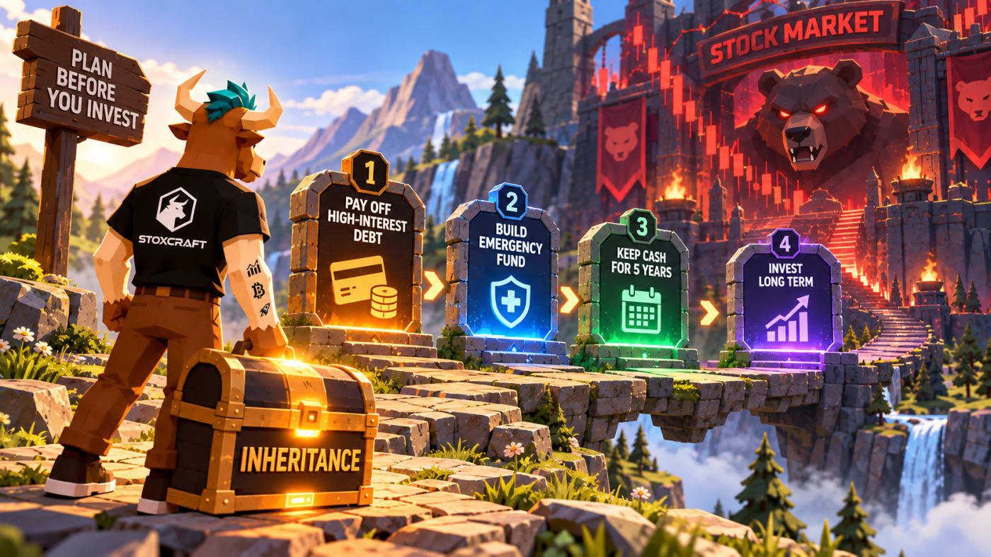 Low-poly Stoxcraft scene showing Toroshi guiding an inheritance through debt payoff, emergency savings and long-term investing steps before entering the stock market.