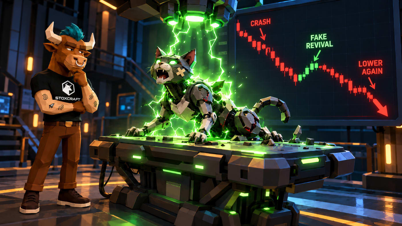 Toroshi watches a robotic cat briefly come back to life as a chart shows a dead cat bounce, illustrating the fake recovery trap in stocks like Cango, Dye &amp;amp; Durham and Murano.