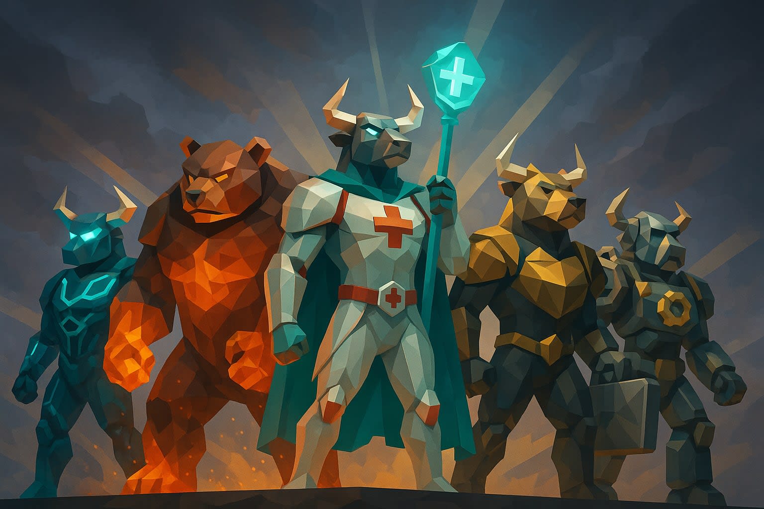 Stylized low-poly illustration of heroic bull and bear characters in armor, symbolizing different investor archetypes within the Stoxcraft universe, standing united under dramatic lighting.