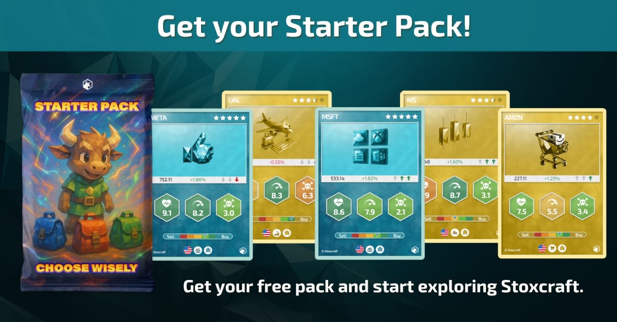 Stylized low-poly bull character with three backpacks next to stock cards for Meta, Microsoft, Amazon and others, representing the free Stoxcraft Starter Pack for new investors.