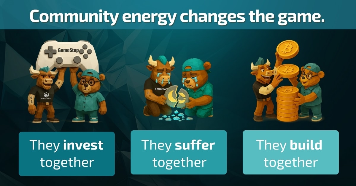 Stylized 3D low-poly illustration of Toroshi and Bearry investing, suffering, and building together as a symbol of community power