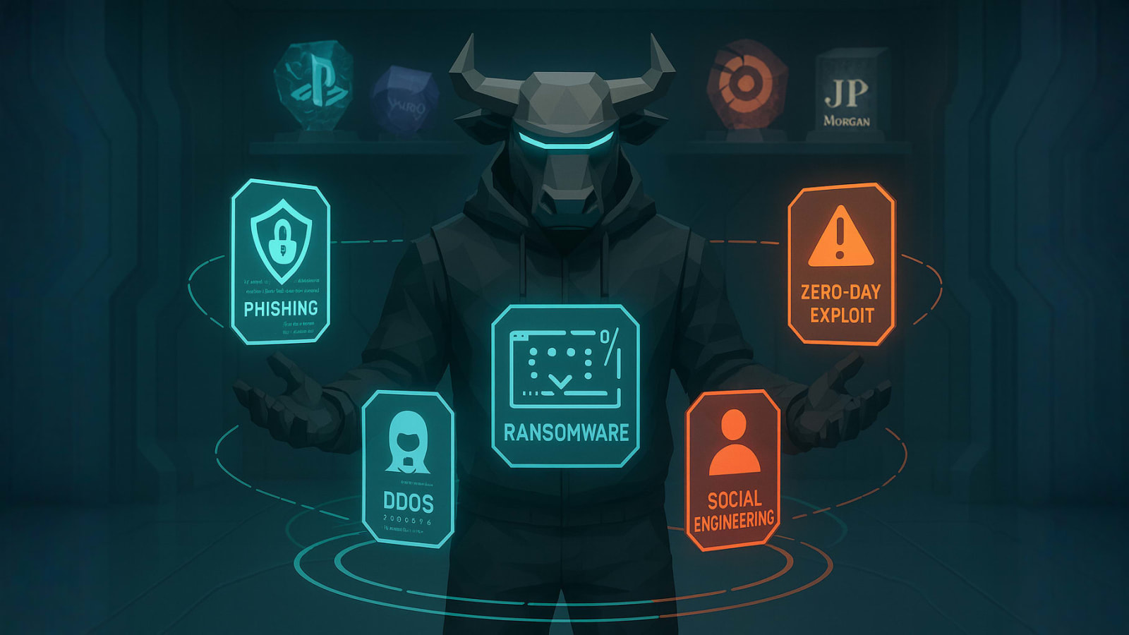 Low-poly cyber bull avatar displaying the five major cybersecurity threats â€” phishing, ransomware, DDoS attacks, social engineering and zero-day exploits â€” with symbolic trophies of past high-impact hacks in the background.