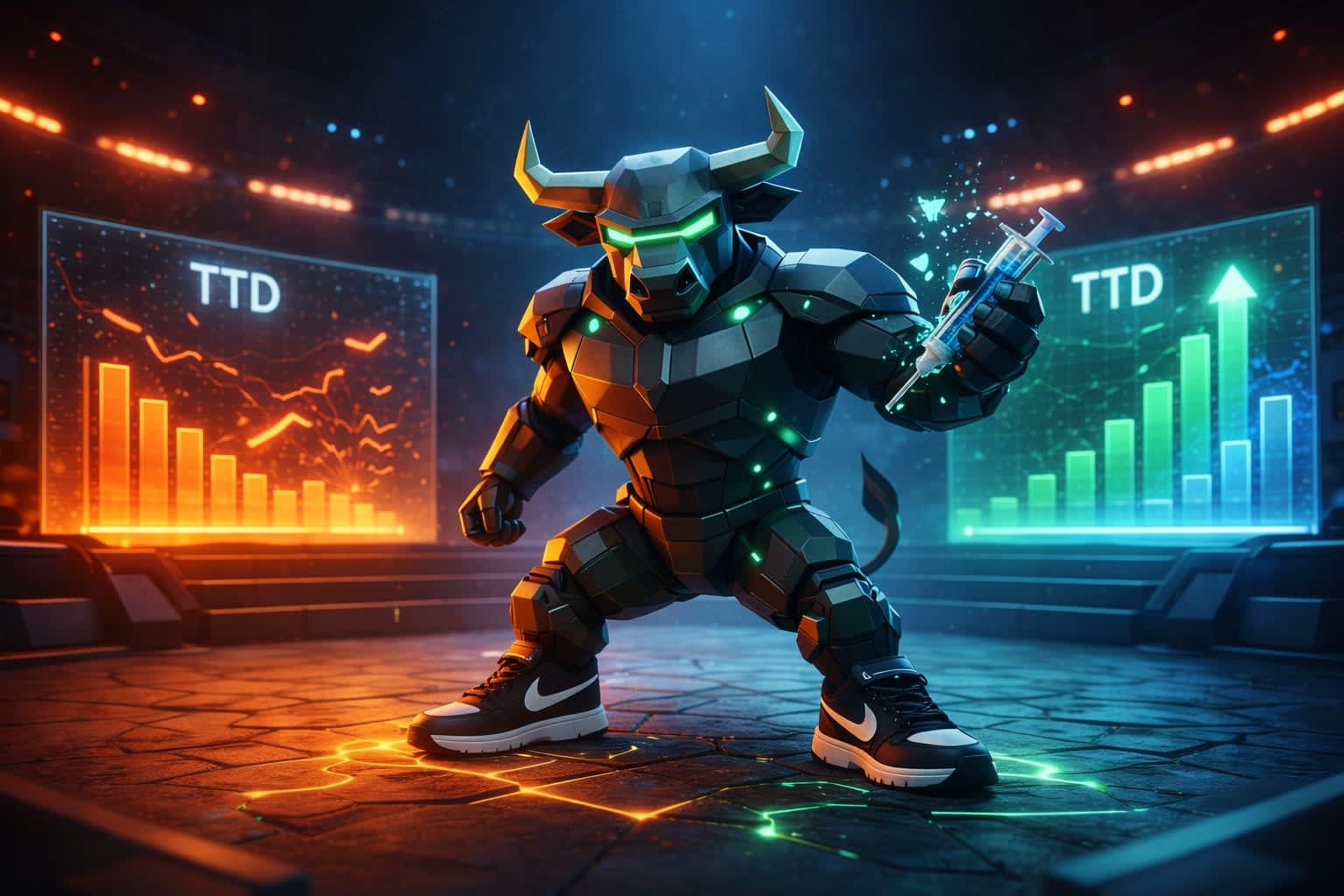 Low-poly bull warrior in a futuristic arena symbolizing stock market comebacks in 2026