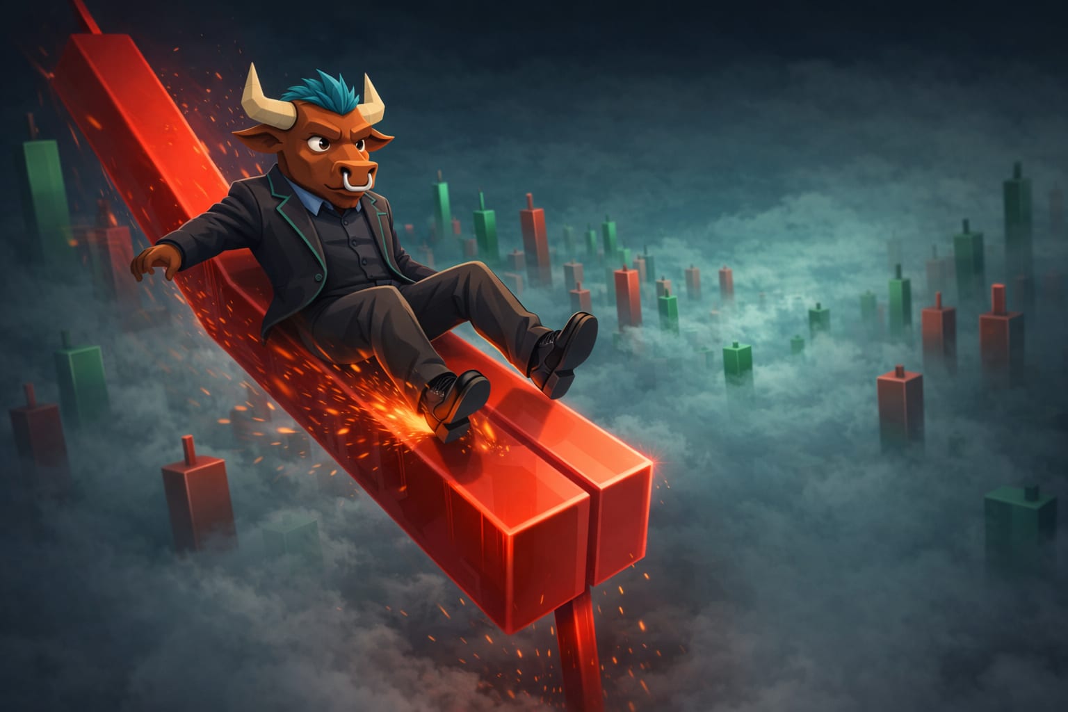 A stylized low-poly bull slides down a large red candlestick in a foggy chart landscape, symbolizing market uncertainty and the Nasdaq correction trend