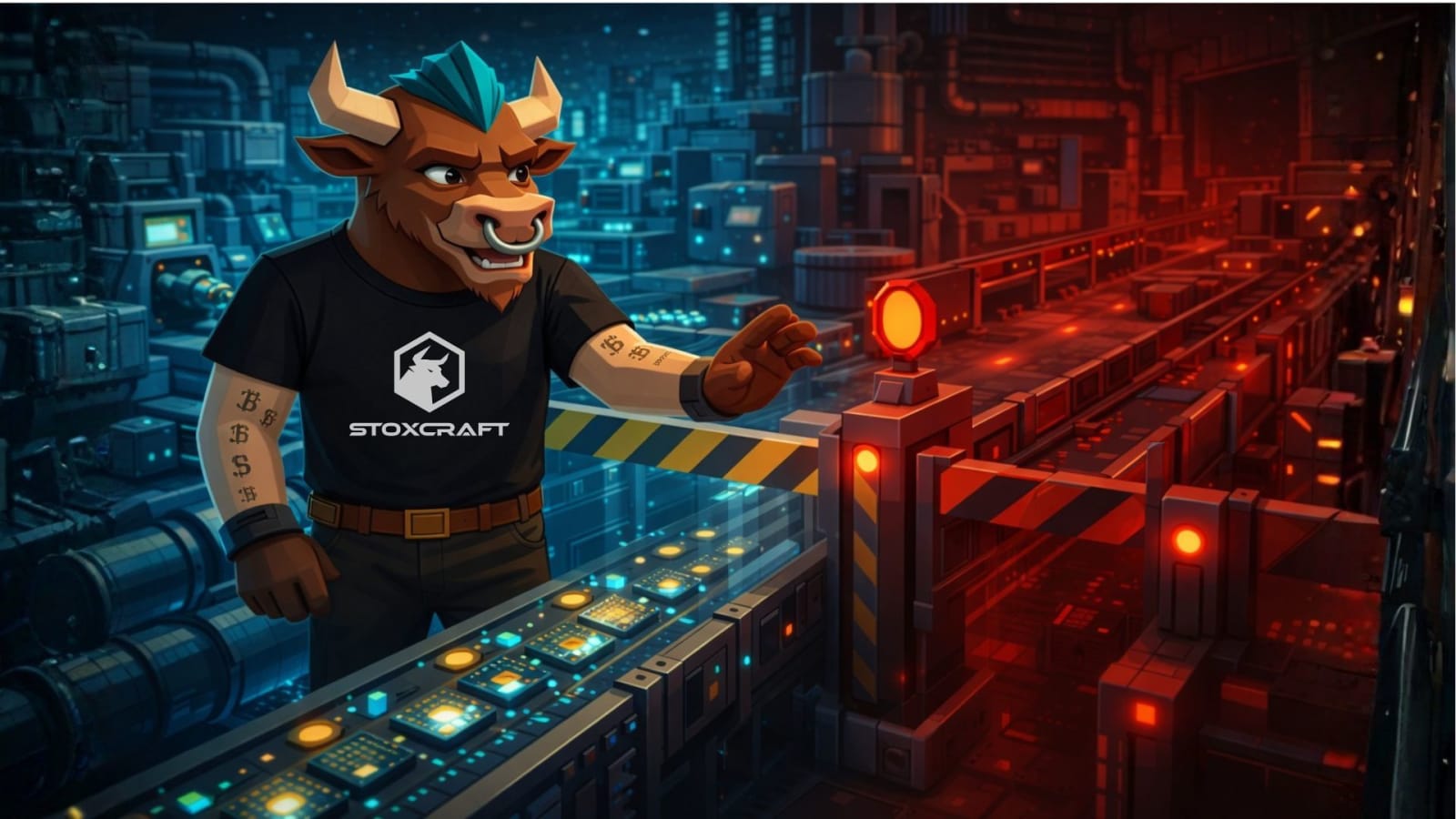 A stylized low poly bull oversees a semiconductor production line, where glowing chips move through a factory. One side runs smoothly in blue light, while the other is blocked in red, symbolizing export restrictions and supply chain disruption.