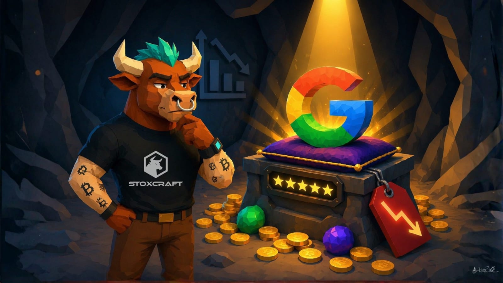 Stylized low poly bull character examines glowing Google logo on pedestal with five star rating, coins and declining chart in cave setting, symbolizing stock valuation and market analysis
