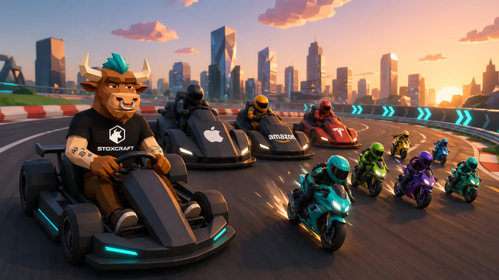 Stoxcraft bull mascot leads kart race against Apple, Amazon and Tesla — symbolizing small-cap stocks outpacing large-cap tech