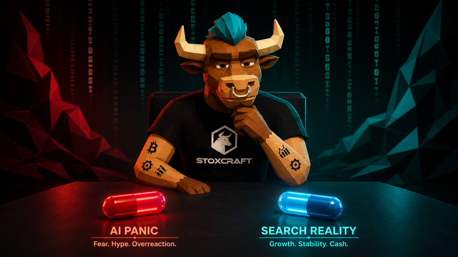 Low-poly bull sits in a matrix-inspired scene choosing between a red pill labeled AI panic and a blue pill labeled search reality, illustrating the disconnect between market fear and Google’s strong search growth