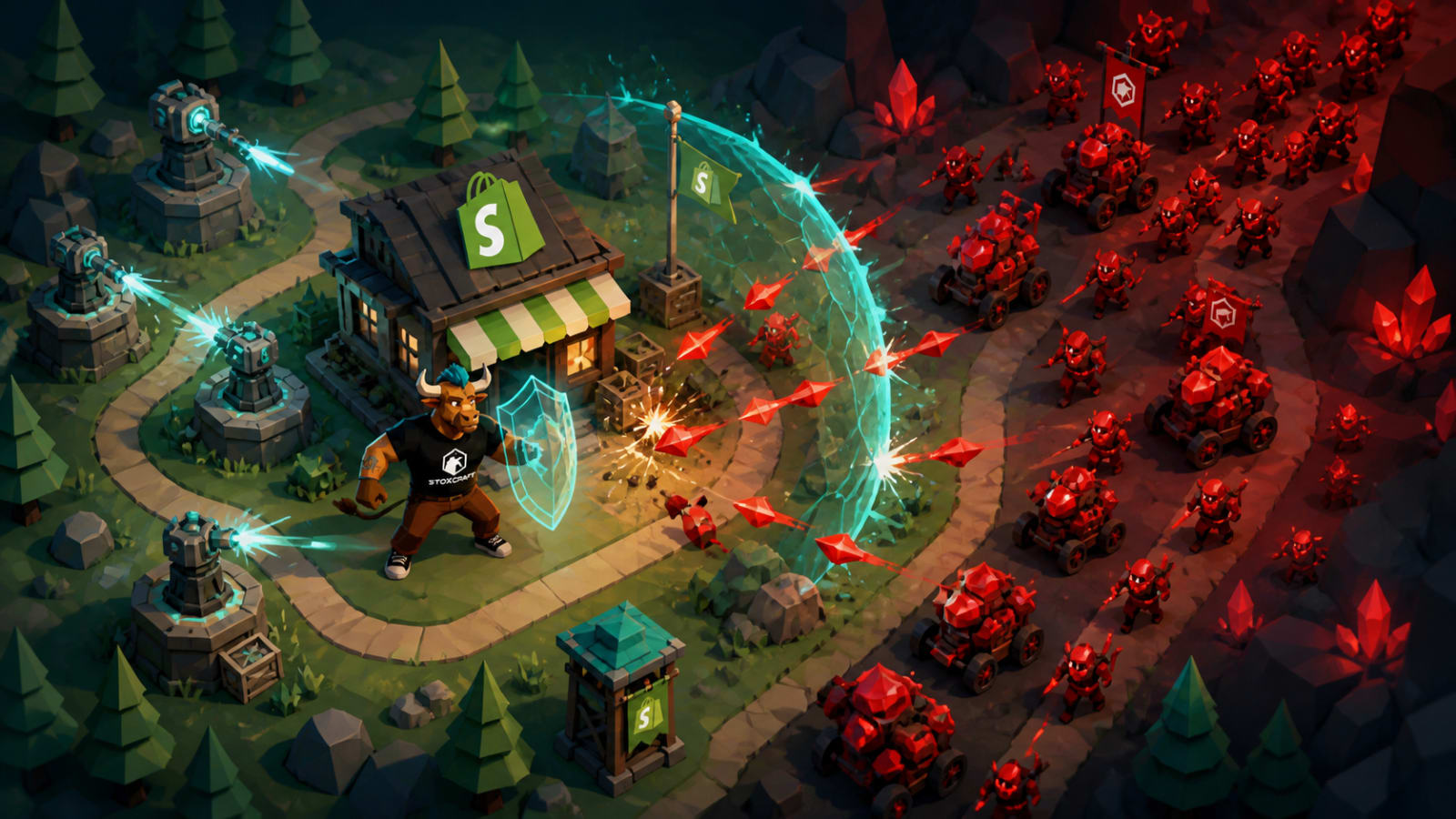 Low-poly bull defends a small shop in a tower defense style scene as red attack waves approach, with some attacks blocked and others hitting the store, illustrating how Shopify tools help protect but cannot fully stop tariff pressure