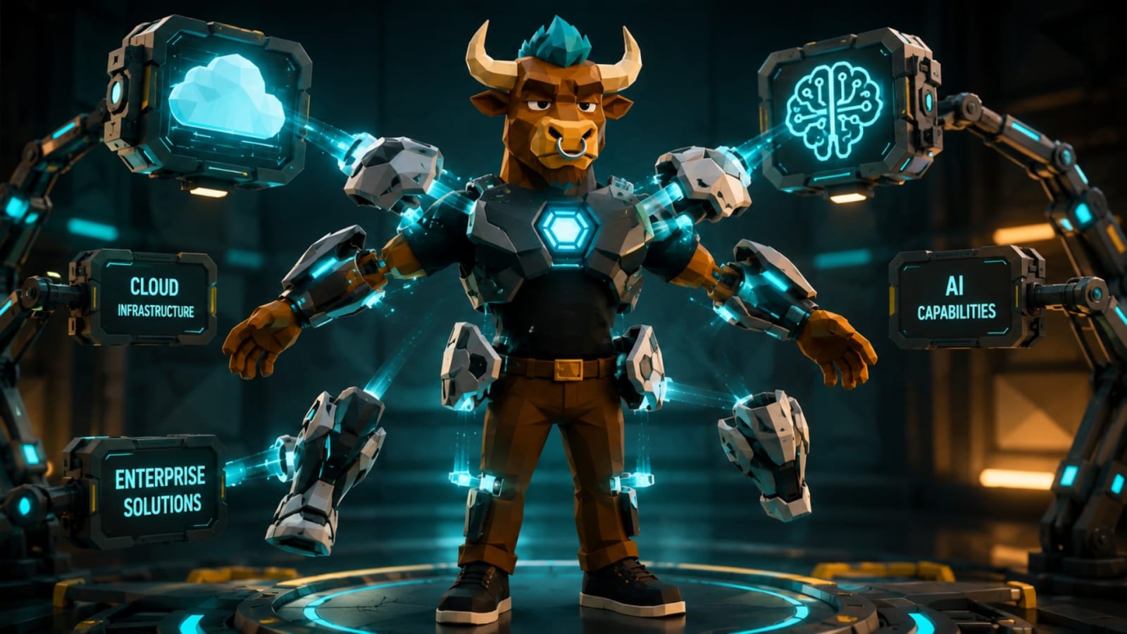 Low-poly bull stands as futuristic armor pieces with glowing AI and cloud elements assemble around him, illustrating how multiple technology drivers combine to power Microsoft’s strong stock performance