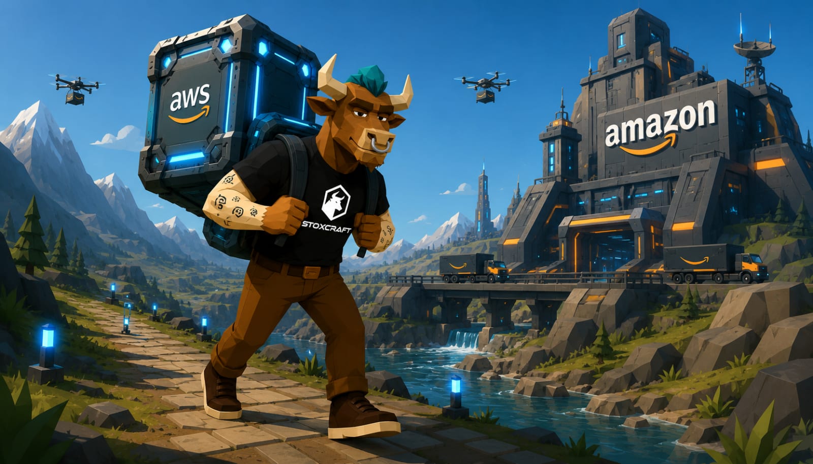 Low-poly bull character carries a glowing AWS energy container through a bright futuristic landscape toward a massive Amazon logistics facility while delivery drones fly overhead, illustrating how AWS powers Amazon’s business growth and retail stability