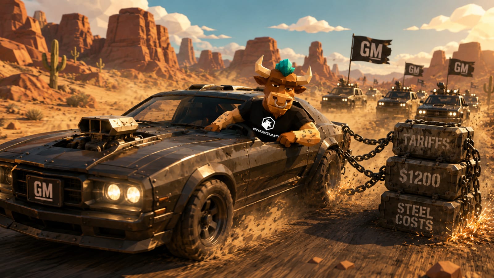 Low-poly bull character leans out of a futuristic GM muscle car racing through a bright desert canyon while dragging chained metal blocks labeled with tariff and steel costs, illustrating how General Motors delivered strong earnings despite rising vehicle