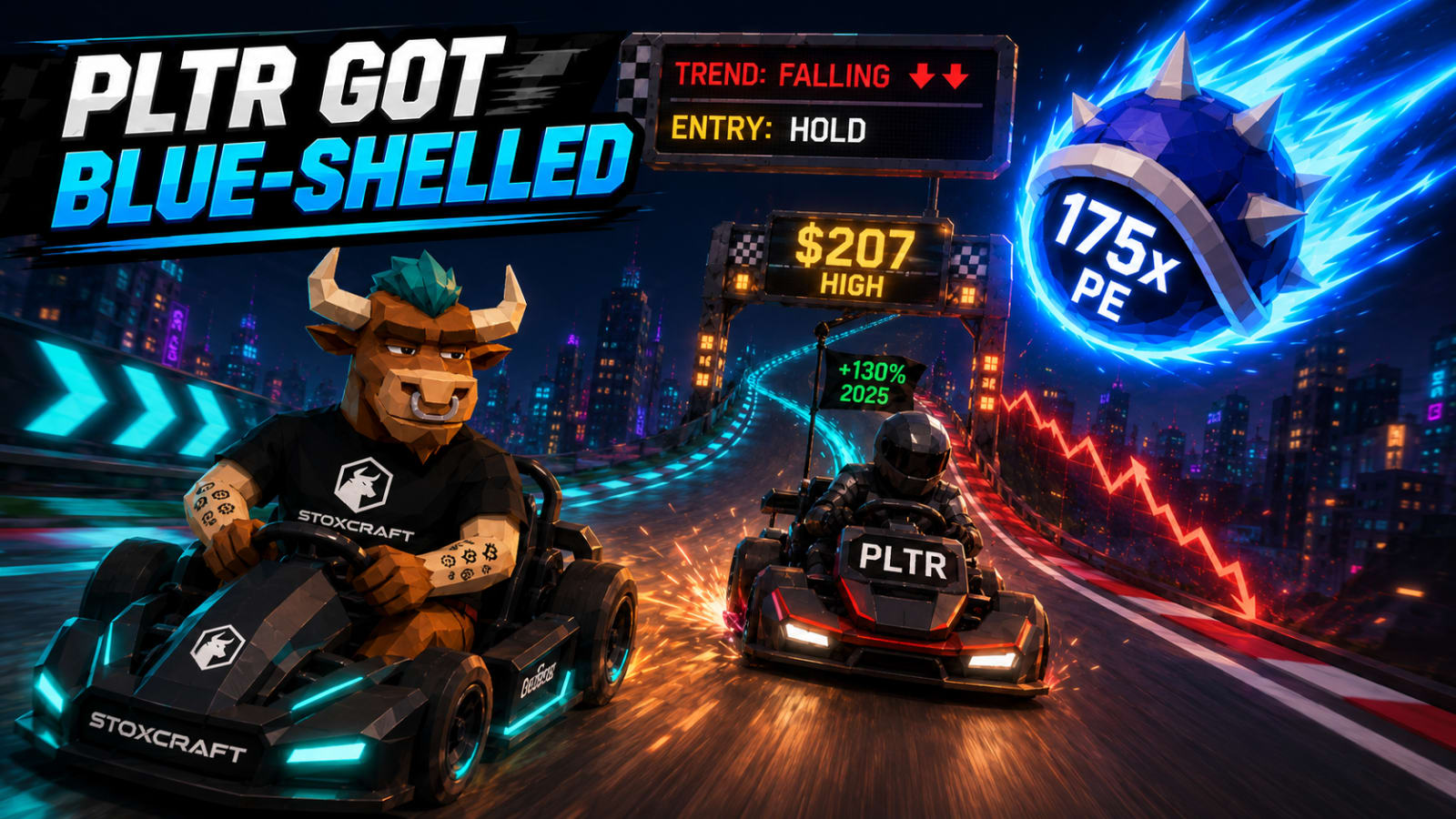 Palantir stock 2026 Mario Kart blue shell valuation risk Stoxcraft cover