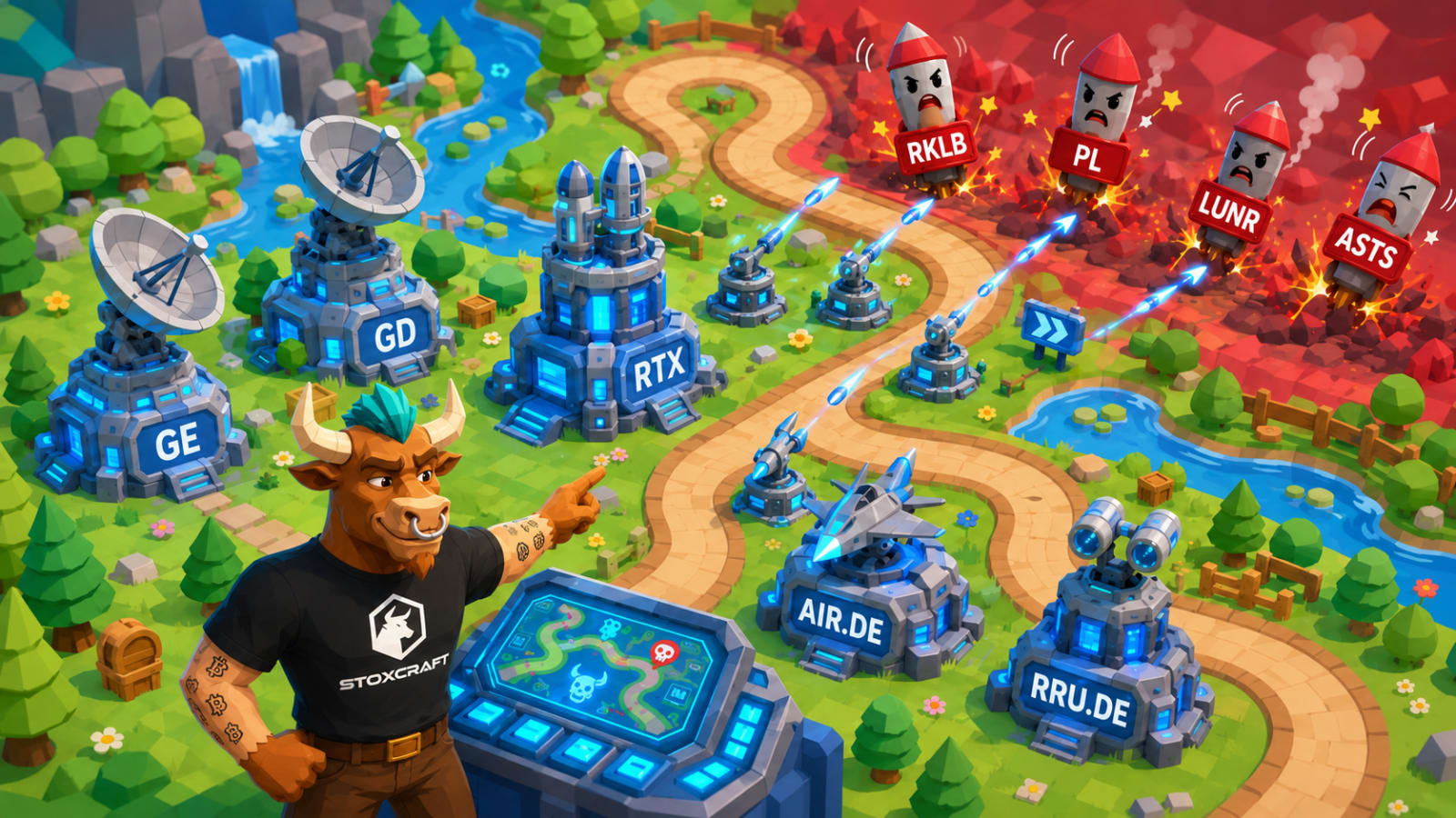 Toroshi, the Stoxcraft mascot, flying over a stock chart battlefield, illustrating the GE, Rolls-Royce and Rocket Lab aerospace score report