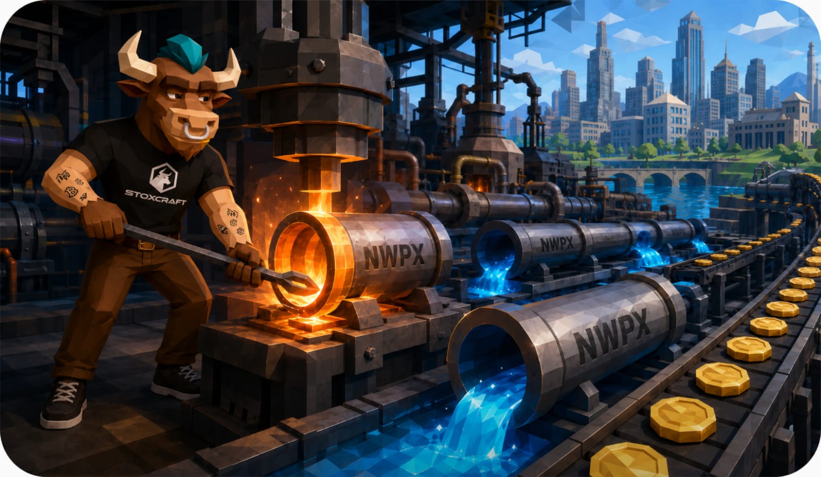 Water stocks to buy: Toroshi forges NWPX water pipes as blue water and gold coins flow through an industrial factory.