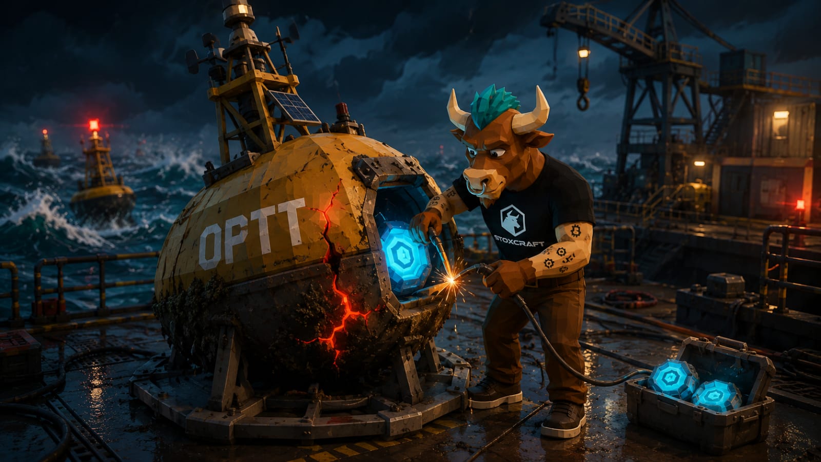 Toroshi repairs a damaged OPTT wave power buoy with a glowing blue energy core in a stormy shipyard.
