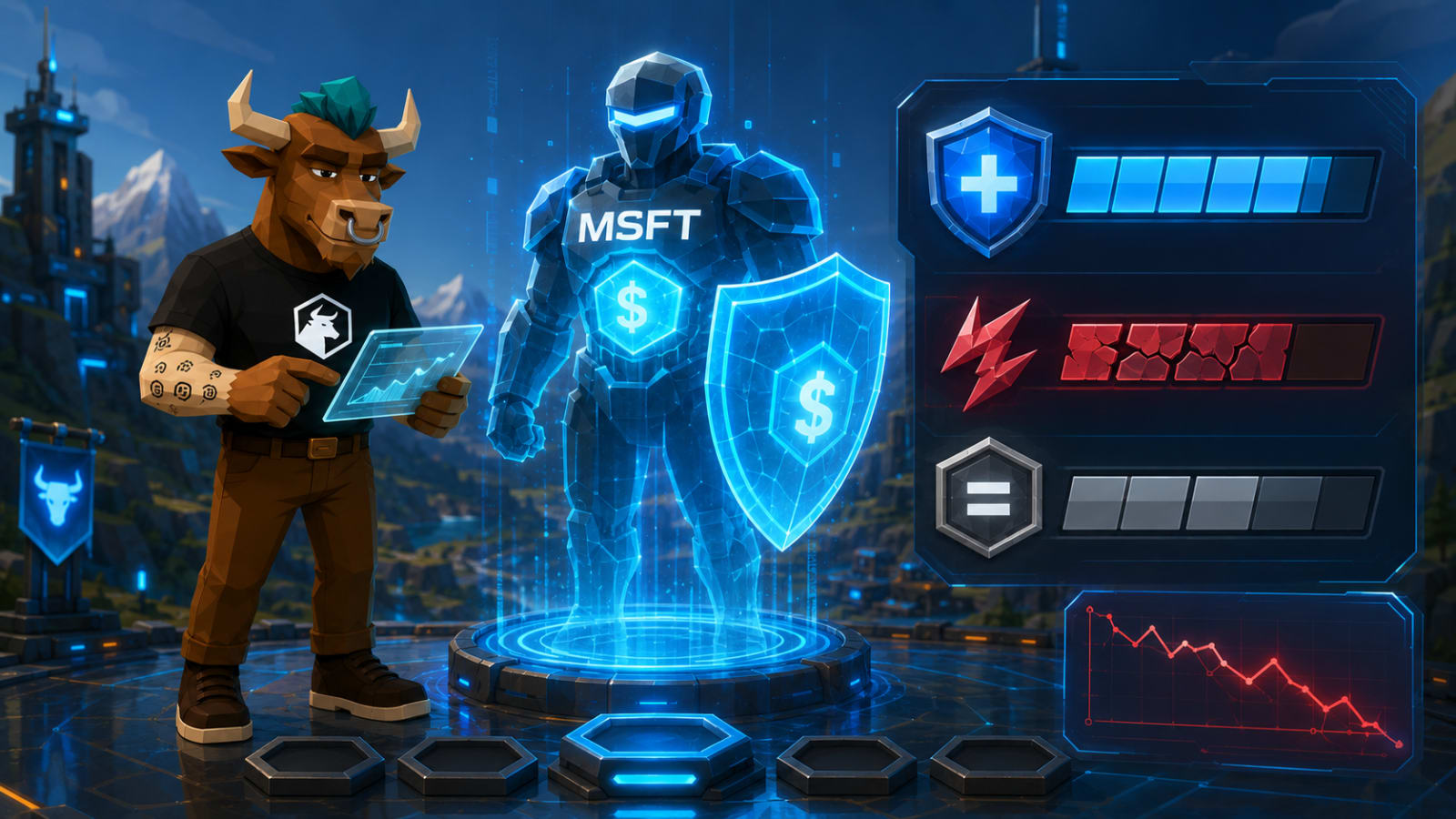 Toroshi scans MSFT on a futuristic RPG-style score screen showing strong health, weak performance, and a neutral entry setup before earnings.