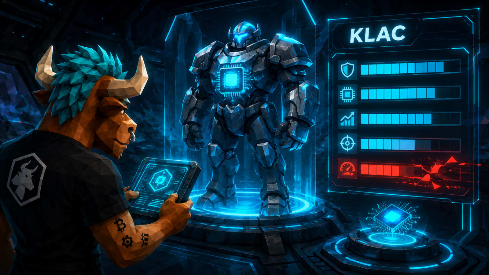 Toroshi the Stoxcraft mascot inspects KLAC&amp;amp;amp;amp;amp;amp;#039;s RPG-style score card, showing strong performance bars and a cracked red momentum bar, Q4 2026 earnings.