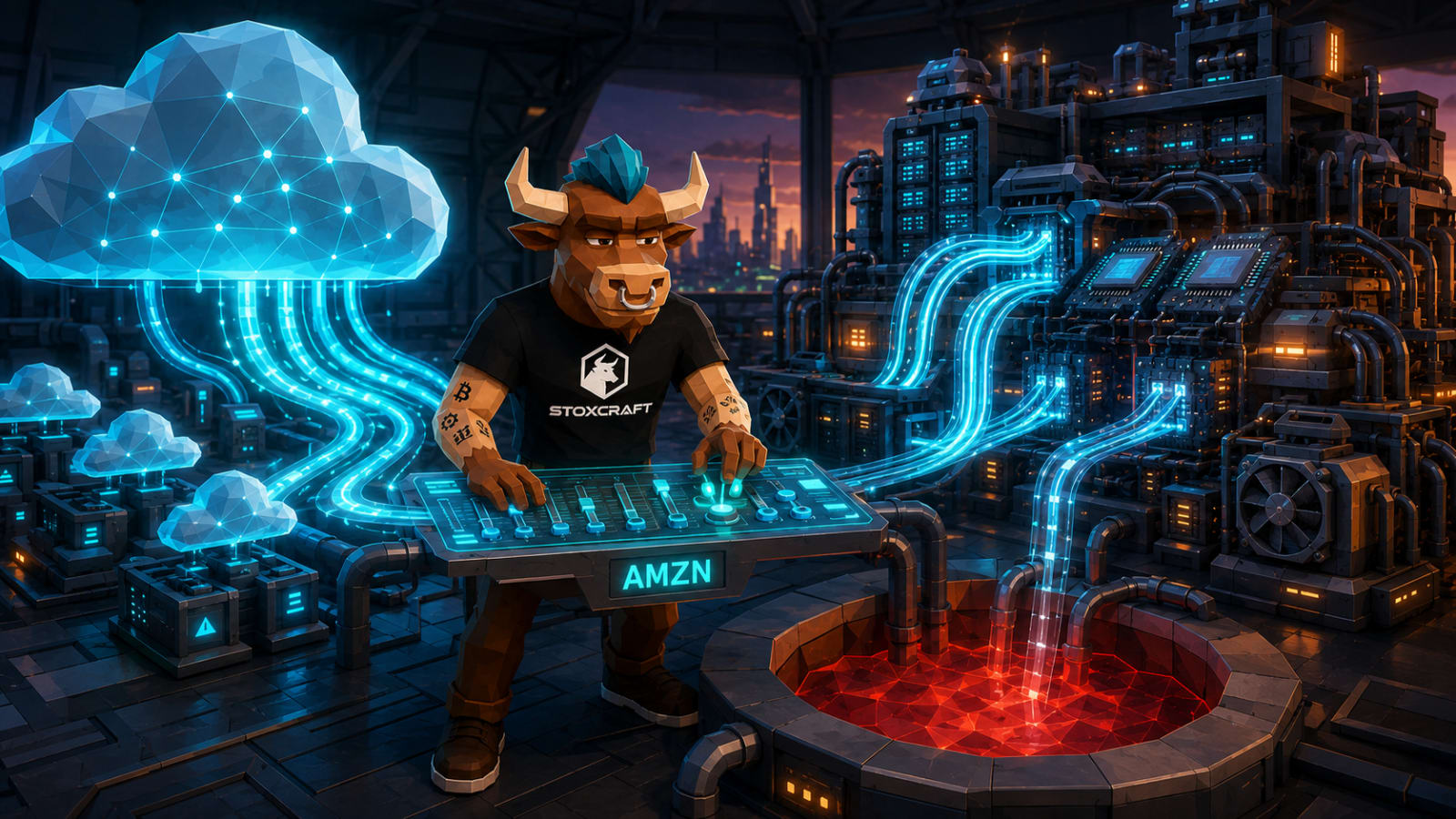 Toroshi the Stoxcraft mascot stands in front of an AMZN server facility with cash flow gauges and data center infrastructure in the background
