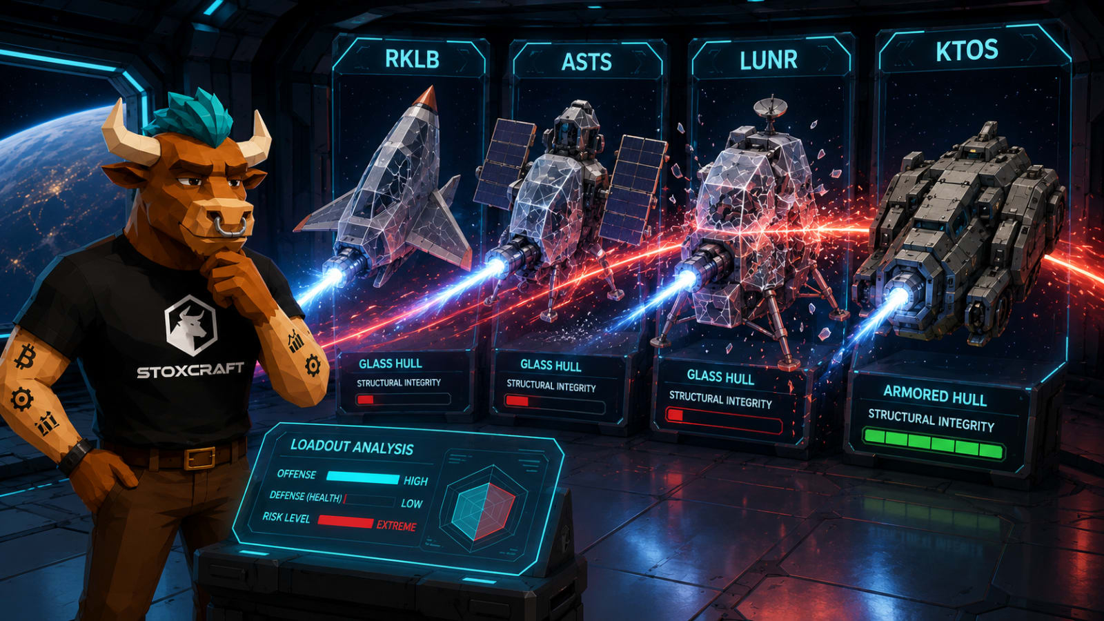 Low-poly Toroshi compares RKLB, ASTS, LUNR and KTOS glass-cannon spaceships cracking under a market shockwave after the July space stock selloff.
