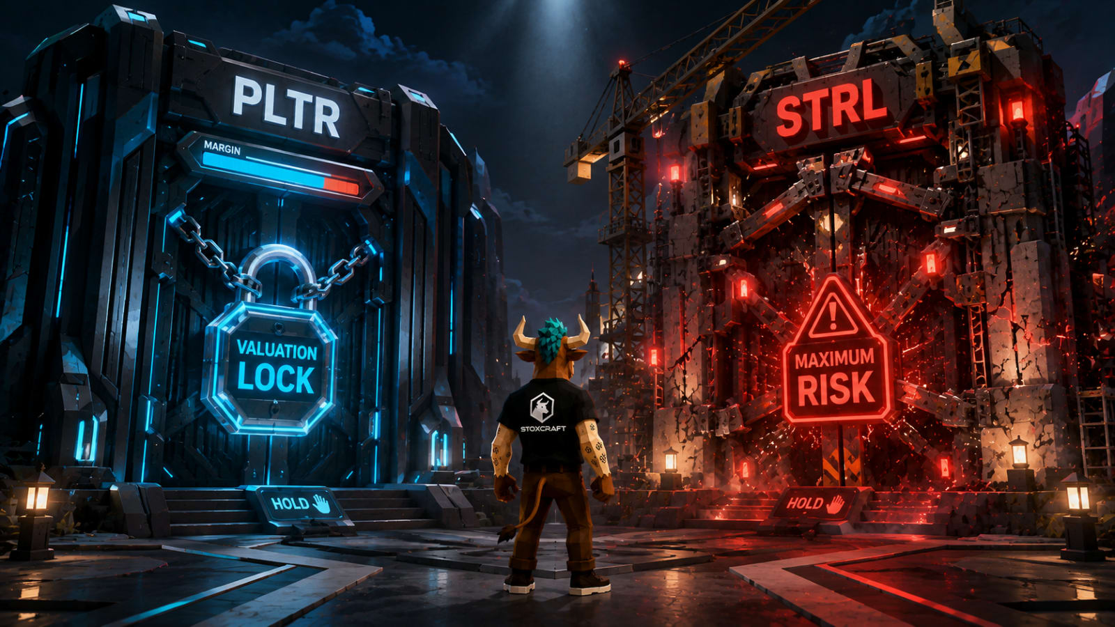 Low-poly Toroshi faces PLTR&amp;amp;amp;amp;amp;amp;amp;#039;s valuation-locked door and STRL&amp;amp;amp;amp;amp;amp;amp;#039;s maximum-risk industrial gate before Q2 earnings.