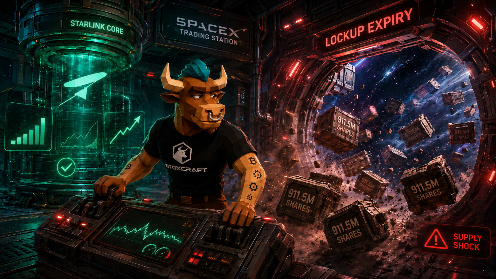 Toroshi controls a SpaceX trading station as Starlink performance stays strong and 911.5 million shares rush through an opening lockup-expiry airlock.